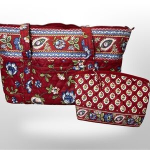 Quilted Red Tote w/ Matching Cosmetic Bag